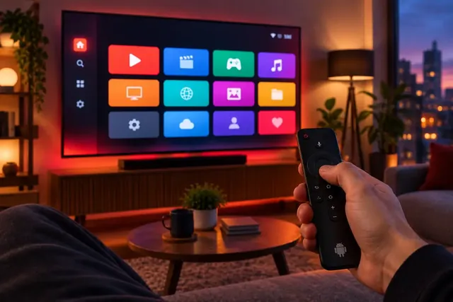 Hand mit Fernbedienung vor App-Übersicht für IBO Player Pro auf Fire TV Stick