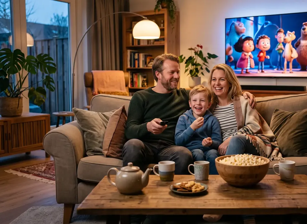 Familie schaut Film auf dem Sofa mit günstigem IPTV Abo vom IPTV Anbieter