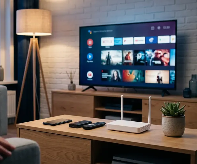 Fernseher mit Fire TV Stick, Router und Fernbedienung für IPTV Smarters Pro