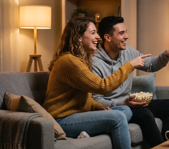 Lachendes Paar mit Popcorn vor dem Fernseher, IPTV Anbieter mit günstigen Monatskosten