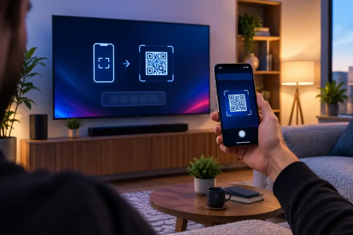 Smartphone scannt QR-Code auf dem Fernseher zur Aktivierung von IBO Player Pro