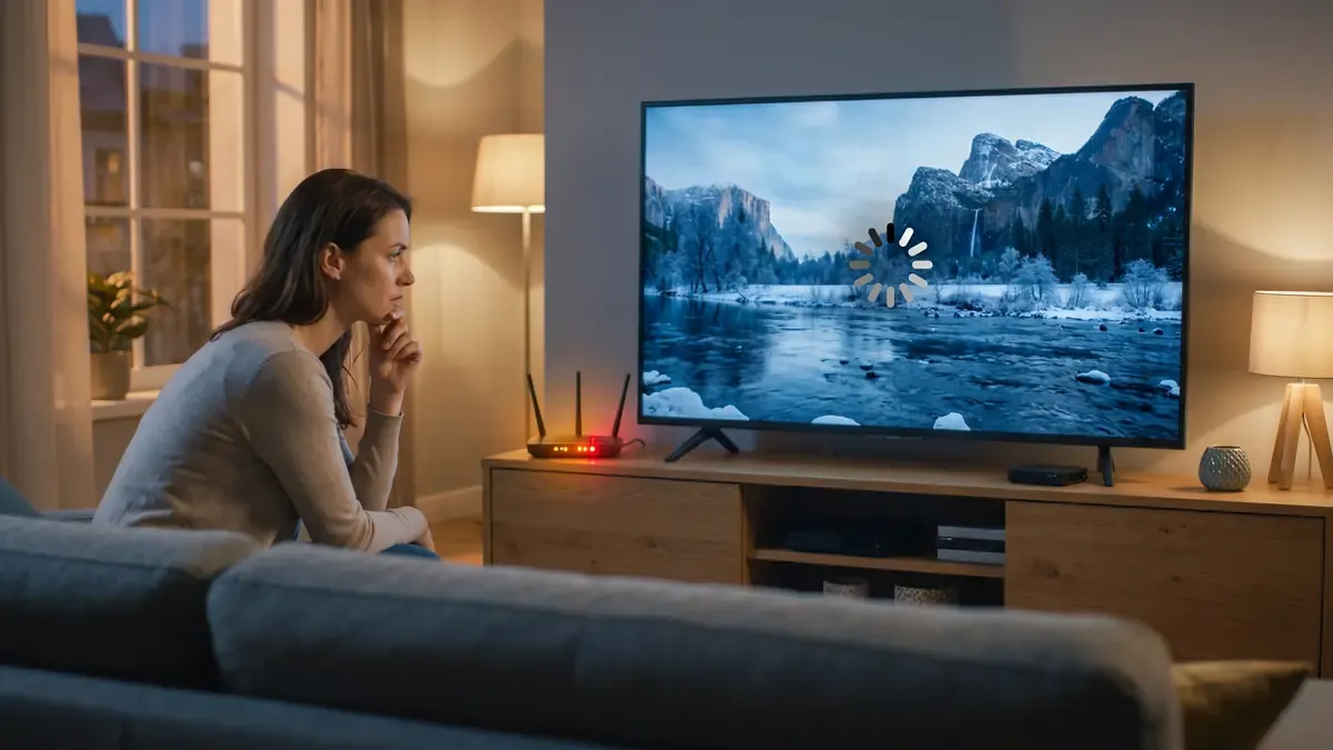 Frau ärgert sich über IPTV Buffering am Fernseher, Router leuchtet rot