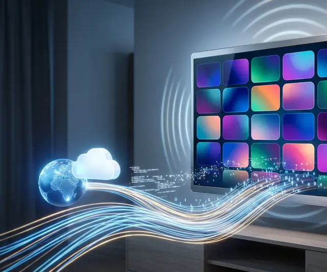 Illustration Globus und Cloud mit Datenströmen zum Fernseher, was ist IPTV erklärt
